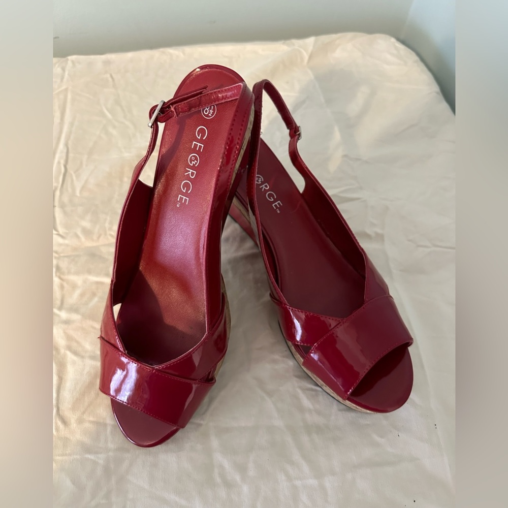Red patent wedge cork platform heels